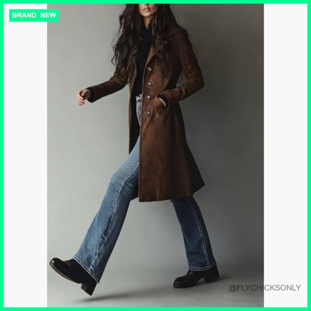 Faux Suede Trench Coat Women's Long Single Breasted Leather Overcoat - Picture 5 of 7